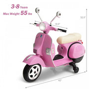 2024 6V Kids Ride On Electric Motorcycle Vespa with Auxiliary Wheels LED Lights Music Loud Horns Rearview Mirror For Ages 2-6