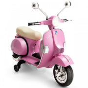 2025 6V Vespa Kids Ride On Electric Scooter with Auxiliary Wheels LED Lights, Music, Loud Horns and Rearview Mirror