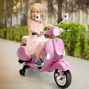 2024 6V Kids Ride On Electric Motorcycle Vespa with Auxiliary Wheels LED Lights Music Loud Horns Rearview Mirror For Ages 2-6