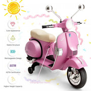 2025 6V Vespa Kids Ride On Electric Scooter with Auxiliary Wheels LED Lights, Music, Loud Horns and Rearview Mirror