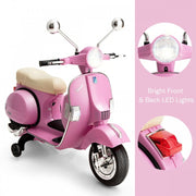 2025 6V Vespa Kids Ride On Electric Scooter with Auxiliary Wheels LED Lights, Music, Loud Horns and Rearview Mirror