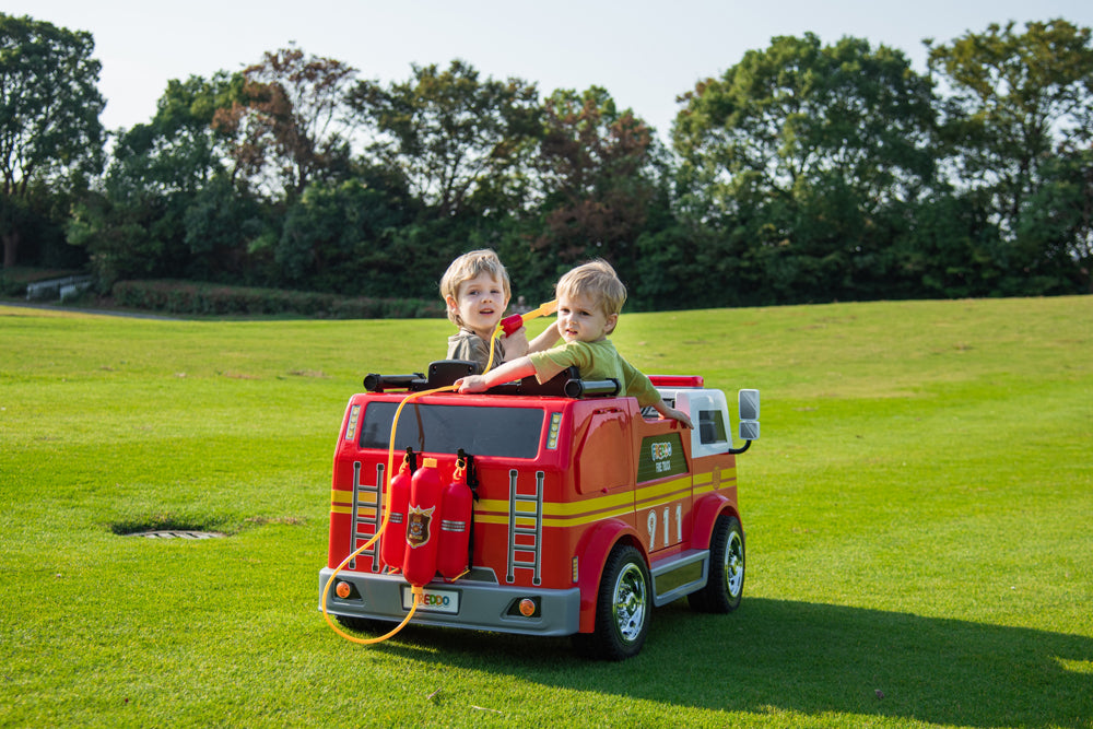 fire truck double stroller 2024 24V Fire Truck 2 Seater Kids Ride On Car With Water Blaster Walkie Talkie Rubber Tires Leather Seat With RC
