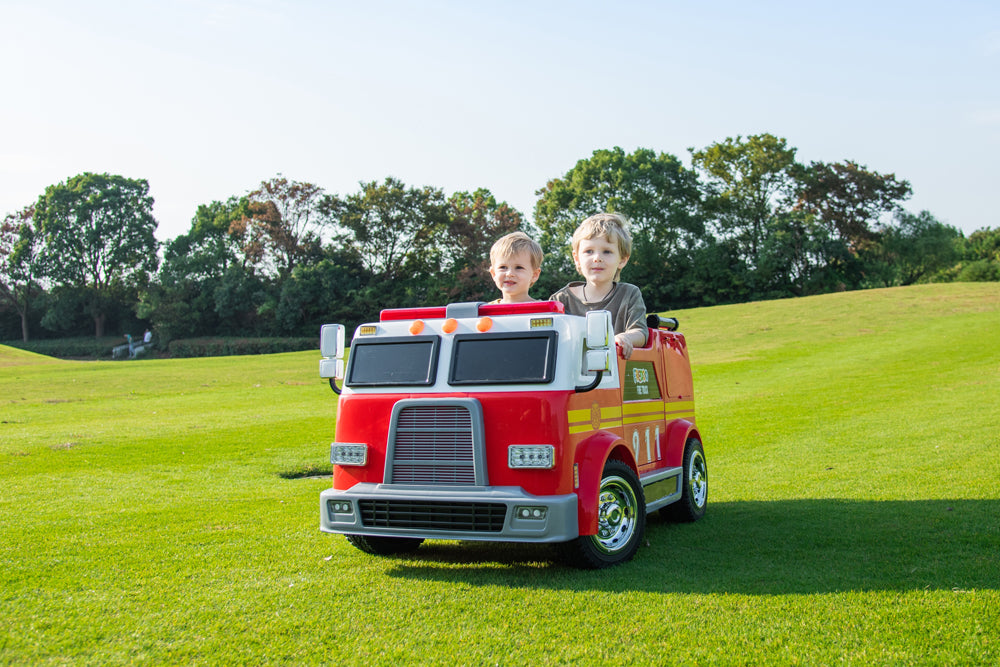 fire truck double stroller 2024 24V Fire Truck 2 Seater Kids Ride On Car With Water Blaster Walkie Talkie Rubber Tires Leather Seat With RC