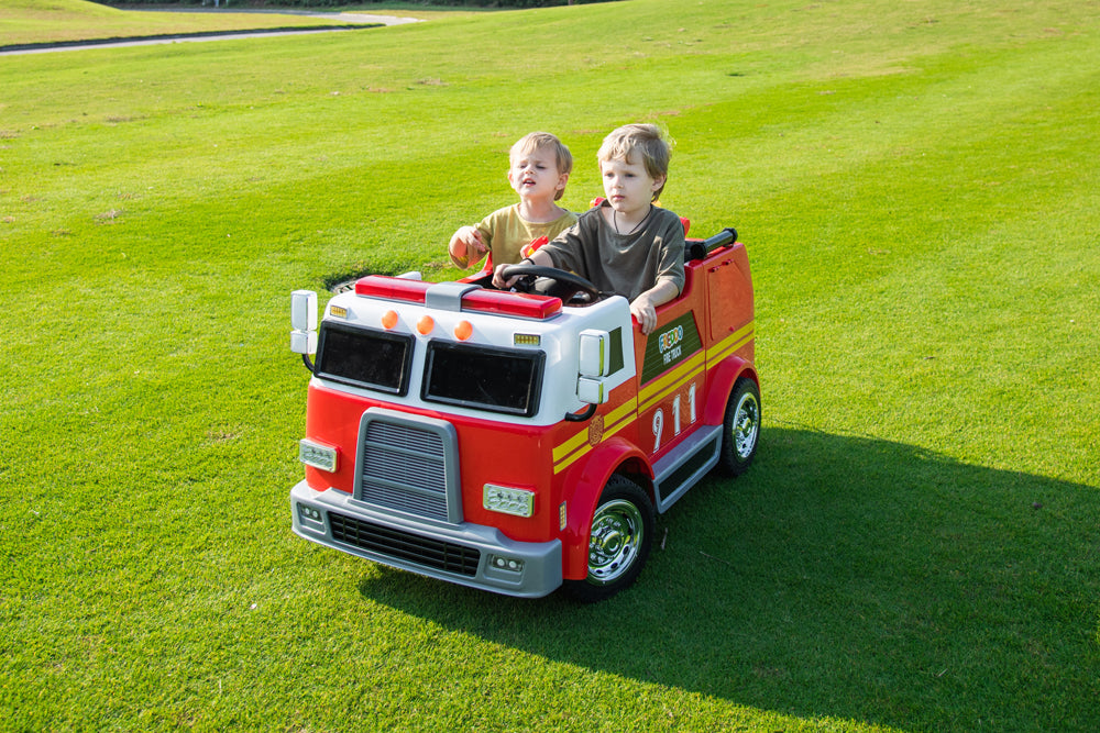 fire truck double stroller 2024 24V Fire Truck 2 Seater Kids Ride On Car With Water Blaster Walkie Talkie Rubber Tires Leather Seat With RC