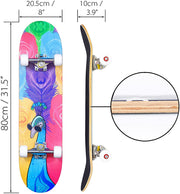 JECOLOS Pro Complete Skateboards for Beginners Adults Teens Kids Girls Boys 31"x8" Skate Boards 7 Layers Deck Maple Wood Longboards (Peacock)